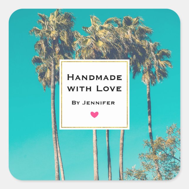 Handgefertigt mit Liebe Tropical Palm Tree Retro Quadratischer Aufkleber (Vorderseite)