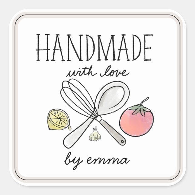 Handgefertigt mit Liebe Utensid Zutaten Quadratischer Aufkleber (Vorderseite)