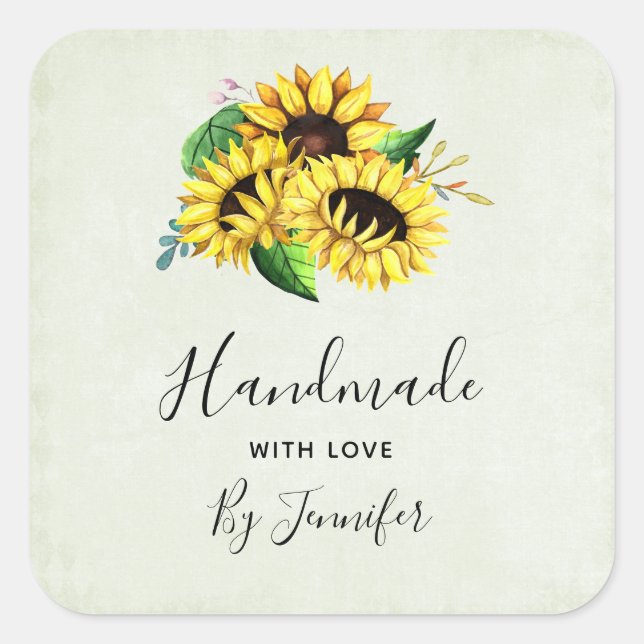 Handgefertigt mit Liebe Yellow Sunflower Bouquet Quadratischer Aufkleber (Vorderseite)