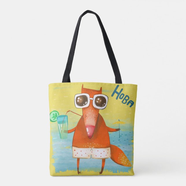 Handgefertigte Aquarellfarben Funny Fox Tasche (Rückseite)
