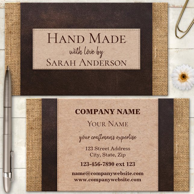Handgefertigte Burlap-Leder-Pappe Visitenkarte (Business card with a dark faux leather area with cardboard text fields on burlap - handmade)