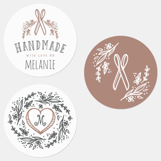 Handgefertigte Florals, Herz, Schere und Monogramm Etiketten (Gruppe)
