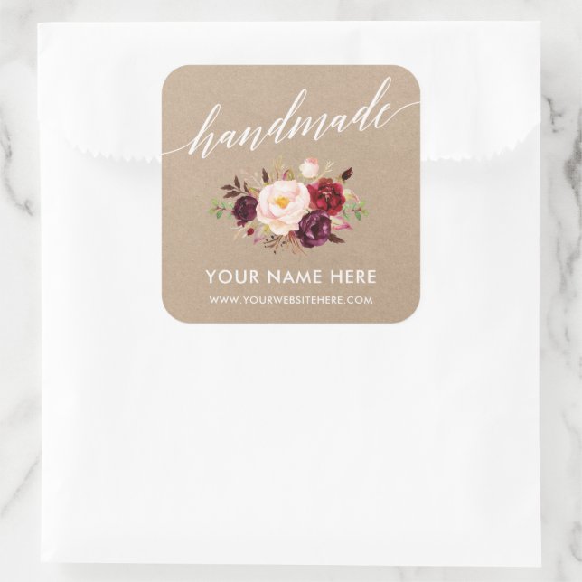Handgefertigte Kalligrafie Burgundy Floral Kraft S Quadratischer Aufkleber (Tasche)