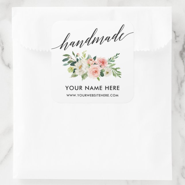 Handgefertigte Kalligrafie Pink White Floral Klein Quadratischer Aufkleber (Tasche)
