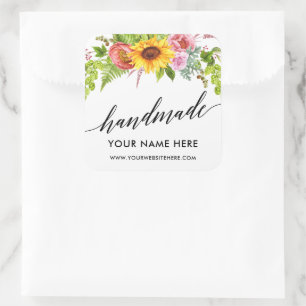 Handgefertigte Kalligrafie Sonnenblumenblume Klein Quadratischer Aufkleber