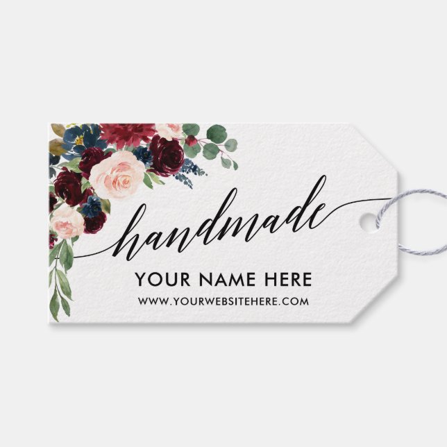 Handgefertigte Kalligraphie Burgundy Blue Floral T Geschenkanhänger (Vorderseite (Horizontal))