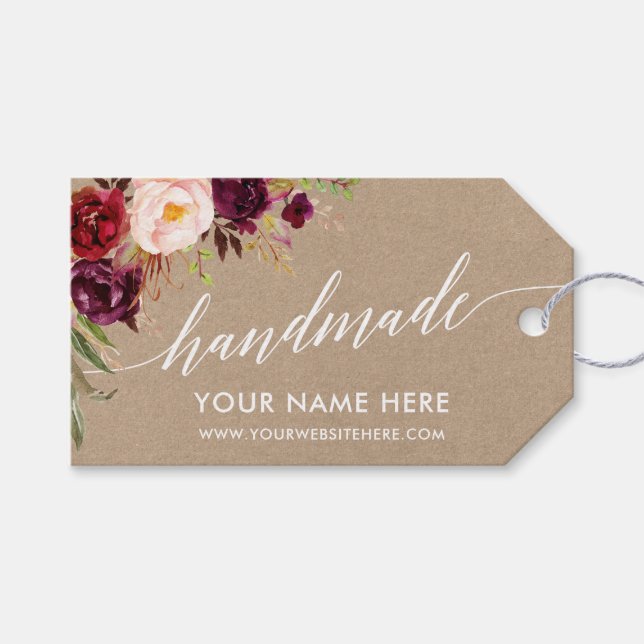 Handgefertigte Kalligraphie Burgundy Floral Kraft  Geschenkanhänger (Vorderseite (Horizontal))