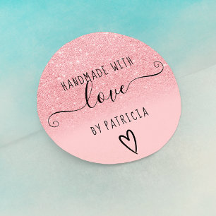 Handgefertigte Liebe Typografie Rosa Glitzer Glitz Runder Aufkleber