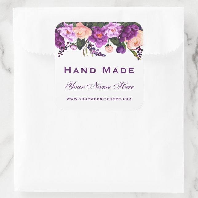 Handgefertigte Lila Wasserfarbe Blüte Klein Quadratischer Aufkleber (Tasche)