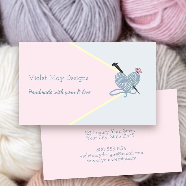 Handgefertigte Pastellfarben Rosa blaue Strickbänd Visitenkarte (Handmade with Yarn and Love Craft Boutique Artisan Business Card)