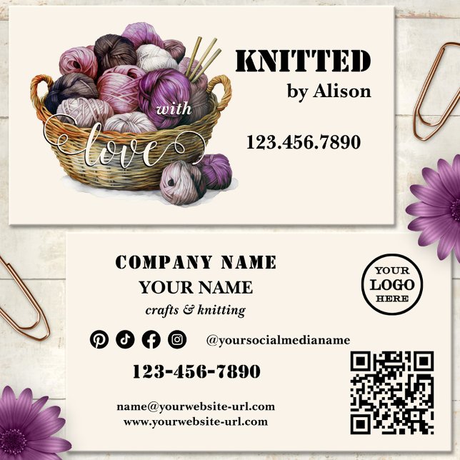 Handgefertigte Spinnweben Visitenkarte (Crafts, knitting or crocheting business card featuring a watercolor basket with wool)