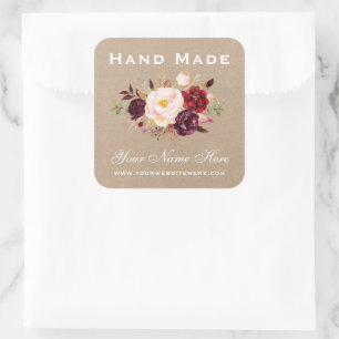Handgefertigte Wasserfarben Burgundy Floral Kraft Quadratischer Aufkleber