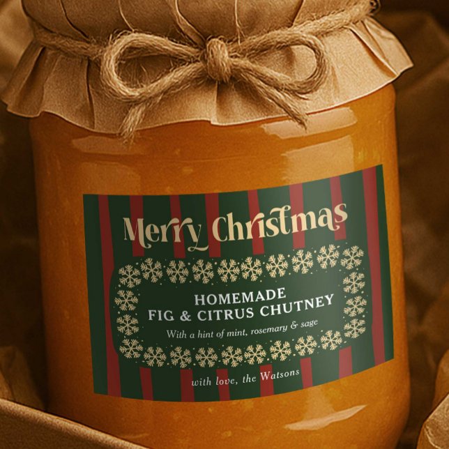 Handgefertigte Weihnachtsgeschenke Rot & Grün Kari Lebensmitteletikett (Vintage DIY Christmas gift product label with red & green stipe background and retro fonts)