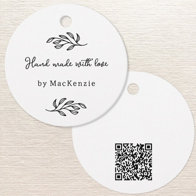 Handgefertigtes mit Liebe QR-Code-Preisanhänger Geschenkanhänger (Hand Made with Love custom name botanical leaf line art small business maker price or hang tags)