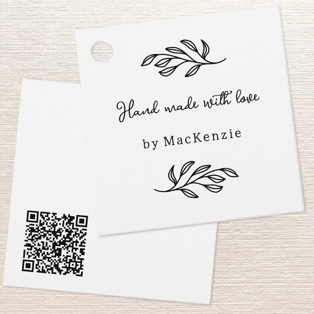 Handgefertigtes QR-Code-Botanik-Preisschild mit Li Geschenkanhänger (Hand Made with Love custom name botanical leaf line art small business maker price or hang tag)