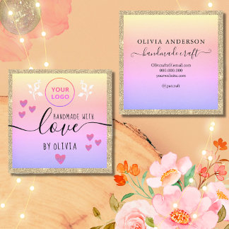 Handgemachte Liebe Typografie Gold Glitzer Rosa Lo Quadratische Visitenkarte