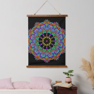 Handgemälde Mandala Uhr Gesicht 24 Wandteppich Mit Holzrahmen