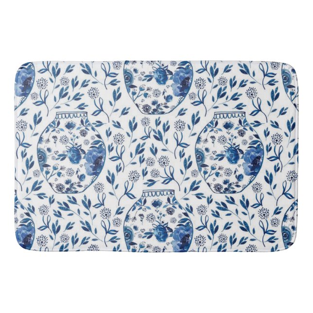 Handgemalt Blau & Weiß Chinoiserie Blumenstil Badematte (Vorderseite)