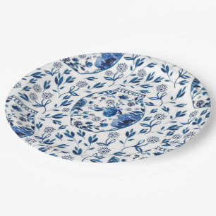 Handgemalt Blau & Weiß Chinoiserie Blumenstil Pappteller