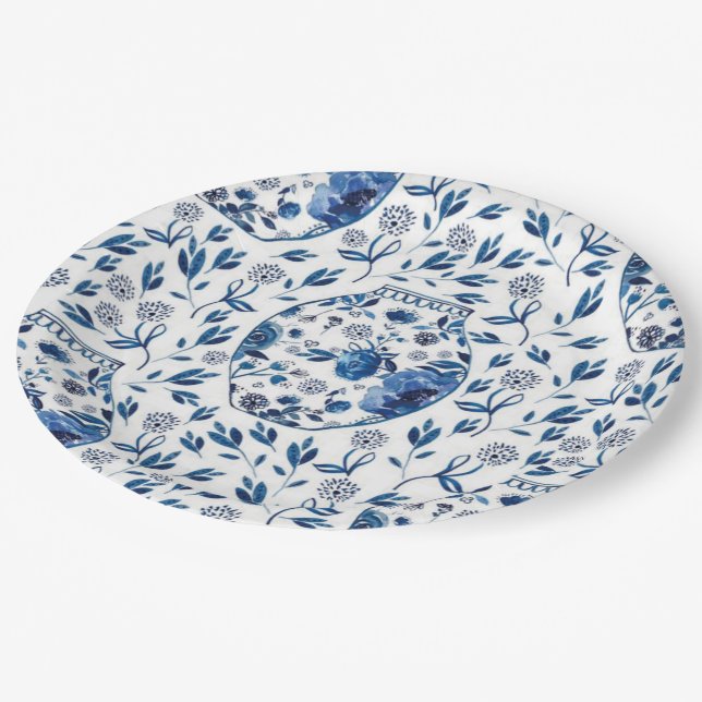 Handgemalt Blau & Weiß Chinoiserie Blumenstil Pappteller (Schrägansicht)