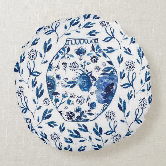 Handgemalt Blau & Weiß Chinoiserie Blumenstil Rundes Kissen (Rückseite)