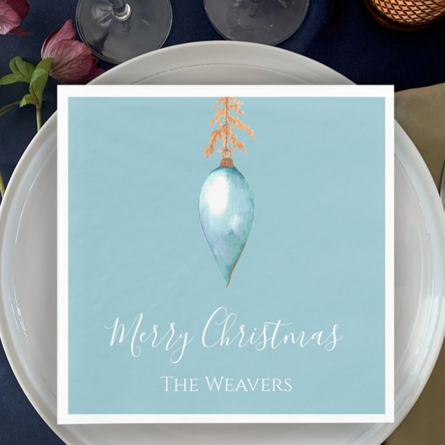 Handgemalt Blue Watercolor Custom Weihnachten Serviette (Personalize this hand painted original blue bauble watercolor Christmas napkin. Minimalistic blue.
)
