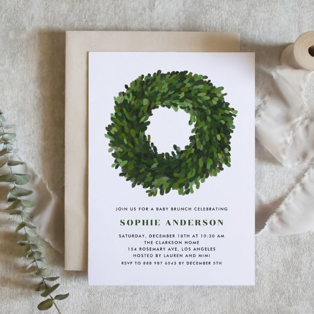 Handgemalt Boxwood Wreath Christmas Baby Brunch Einladung (Von Creator hochgeladen)