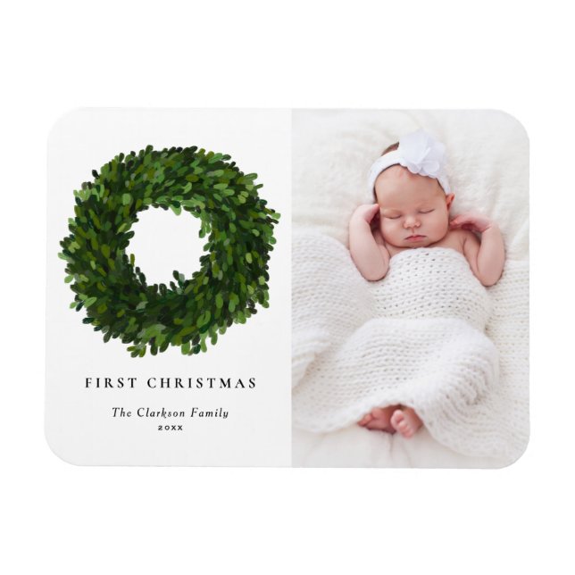 Handgemalt Boxwood Wreath Foto Erstes Weihnachtsfe Magnet (Horizontal)