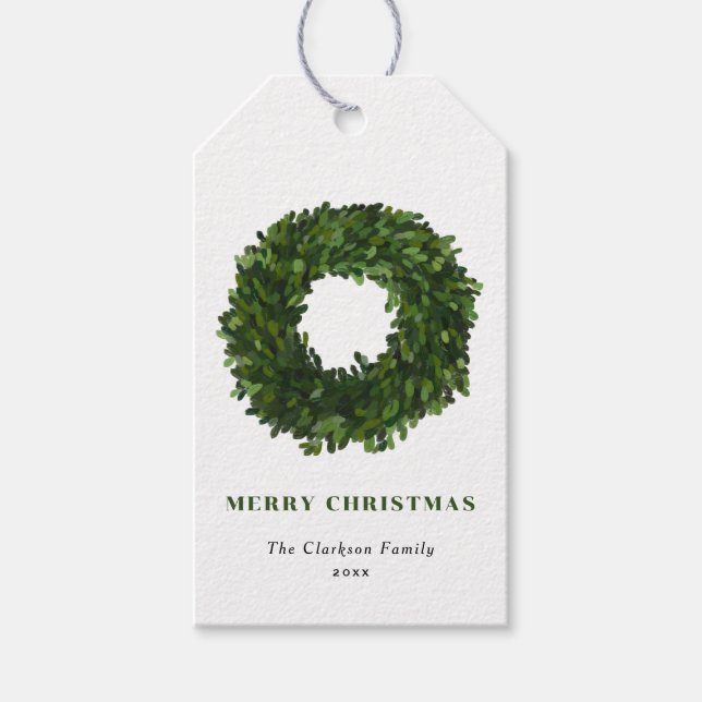 Handgemalt Boxwood Wreath Frohe Weihnachten Geschenkanhänger (Vorderseite)