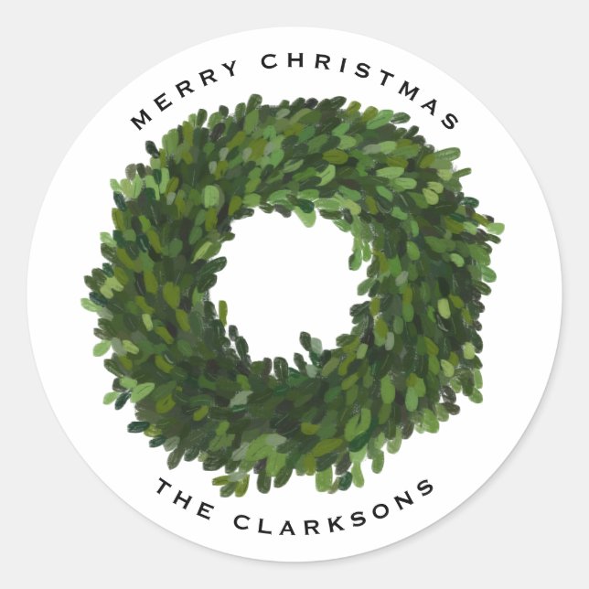 Handgemalt Boxwood Wreath Frohe Weihnachten Runder Aufkleber (Vorderseite)