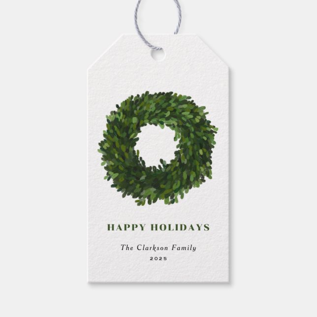 Handgemalt Boxwood Wreath Happy Holiday Geschenkanhänger (Vorderseite)