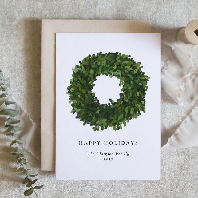 Handgemalt Boxwood Wreath Happy Holidays Feiertagskarte (Von Creator hochgeladen)