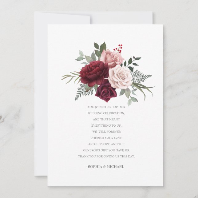 Handgemalt Burgundy Rose Bouquet Dankeskarte (Vorderseite)