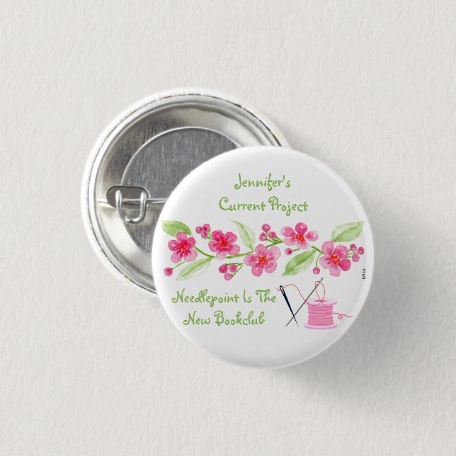 Handgemalt Cherry Blossom Needlepoint Button (Vorne & Hinten)