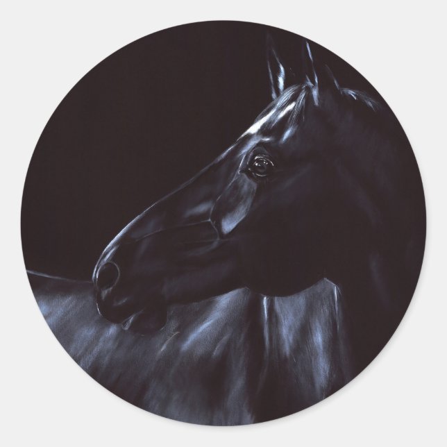 Handgemalt, elegantes schwarzes Pferd Runder Aufkleber (Vorderseite)