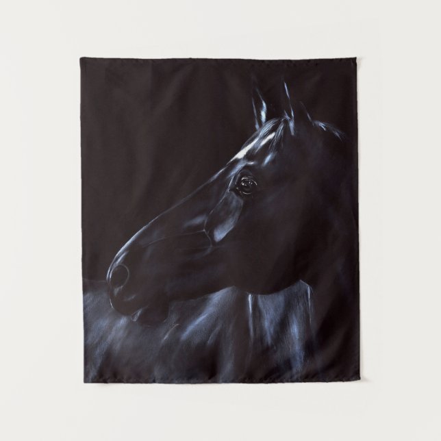 Handgemalt, elegantes schwarzes Pferd Wandteppich (Vorderseite)