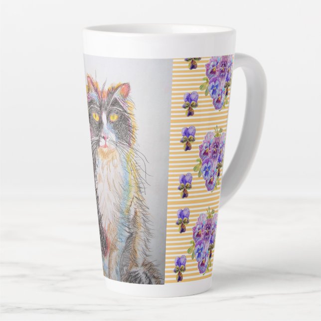Handgemalt Gelb Tuxedo Katzenblüte Latte Tasse (Rechte Ecke)