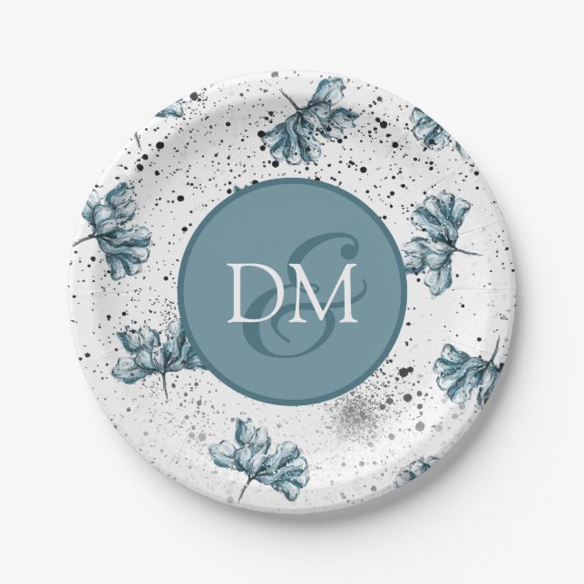 Handgemalt Monogramm blaue Blüte Pappteller (Vorderseite)