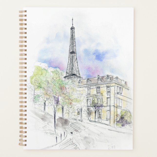 Handgemalt Paris Eiffel Tower Straßenecke Tinte Planer (Vorderseite)