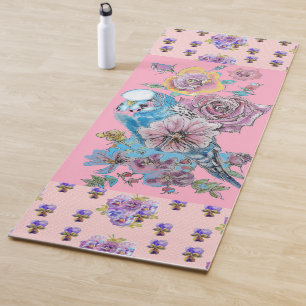 Handgemalt Rosa Blauer Budgie Blumenmeer Yoga Mat Yogamatte