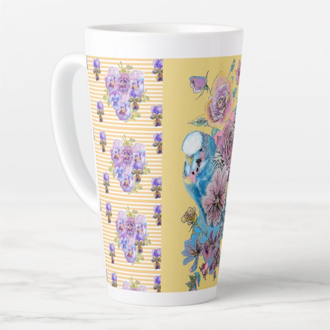 Handgemalt rosa Gelbe Budgie Blüte Latte Tasse (Linke Ecke)