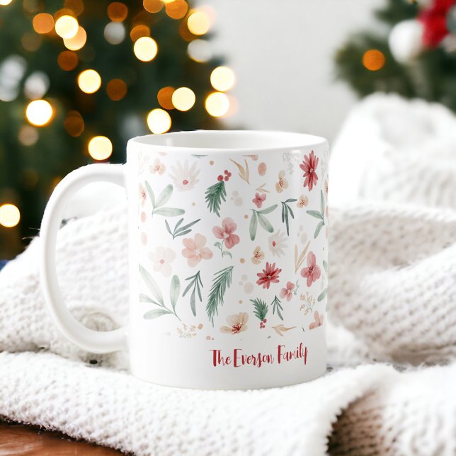 Handgemalt Wasserfarbe Blumenweihnachtsname Kaffeetasse (Hand Painted Watercolor Floral Christmas Name Coffee Mug)