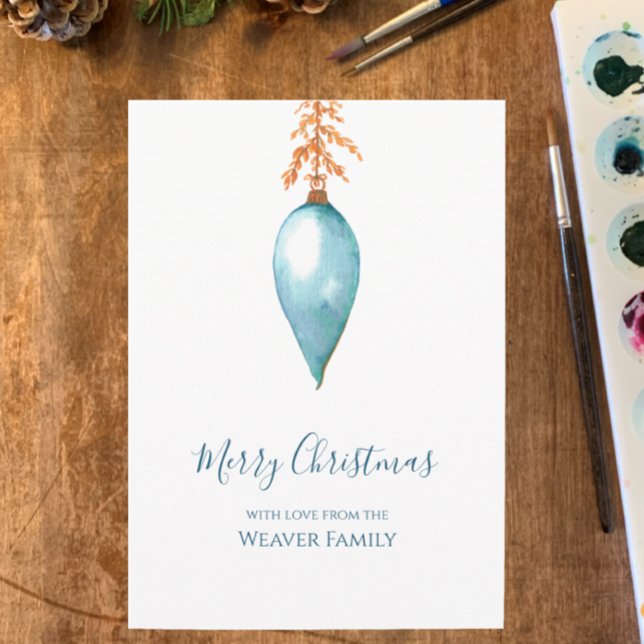 Handgemalt Wasserfarbe Weihnachtsfest Feiertagskarte (Personalize this unique hand painted holiday card, simple botanical blue vintage Christmas bauble)
