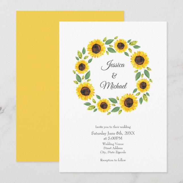 Handgemalt Wasserfarben Sonnenblumenkranz Einladung (Vorne/Hinten)