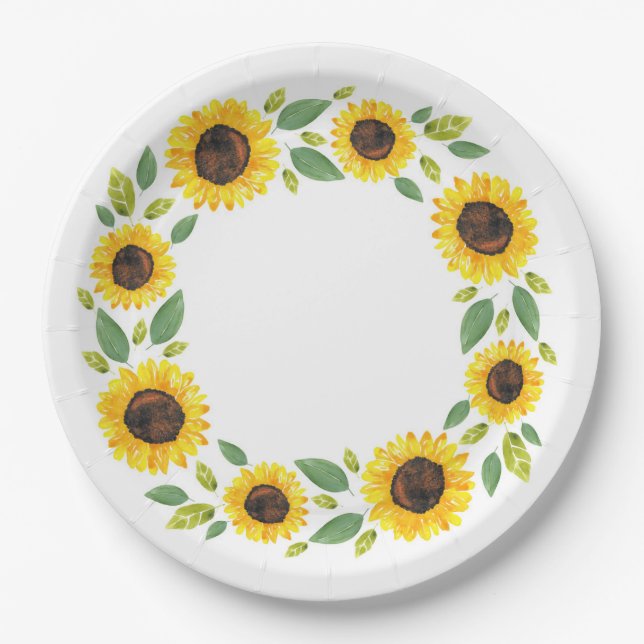 Handgemalt Wasserfarben Sonnenblumenkranz Pappteller (Vorderseite)