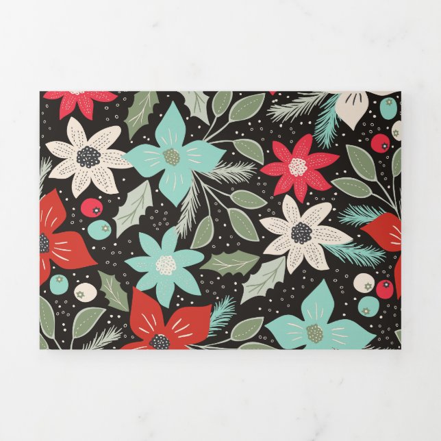 Handgemalt Weihnachten Poinsettia Red White Aqua Dreifach Gefaltete Urlaubskarte (Cover)