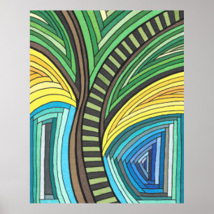 Handgemalte Abstrakte Baum- und Geometrie-Gestaltu Poster