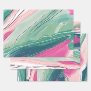 Handgemalte abstrakte Malerei mit Marmorgrün pink Geschenkpapier Set