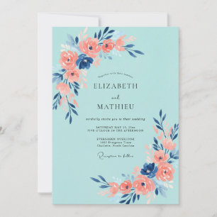 Handgemalte Aqua-Korallenrose Hochzeit Einladung