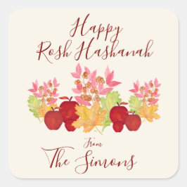 Handgemalte Aquarell-Blätter Äpfel Rosh Hashanah Quadratischer Aufkleber